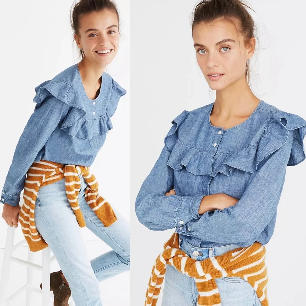 Madewell Chambray Ruffle-Yoke Top Medium